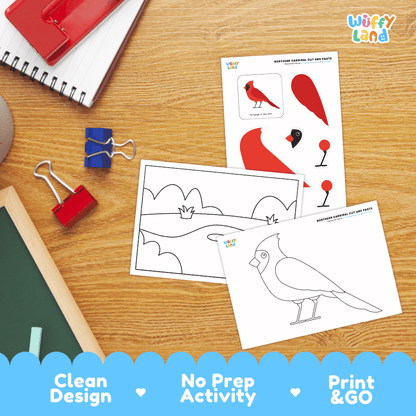 Northern Cardinal Cut and Paste Craft and Coloring Activity Worksheets