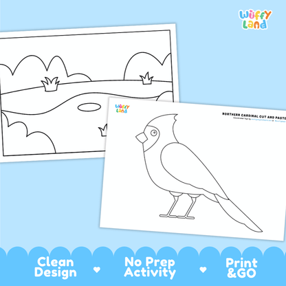 Northern Cardinal Cut and Paste Craft and Coloring Activity Worksheets