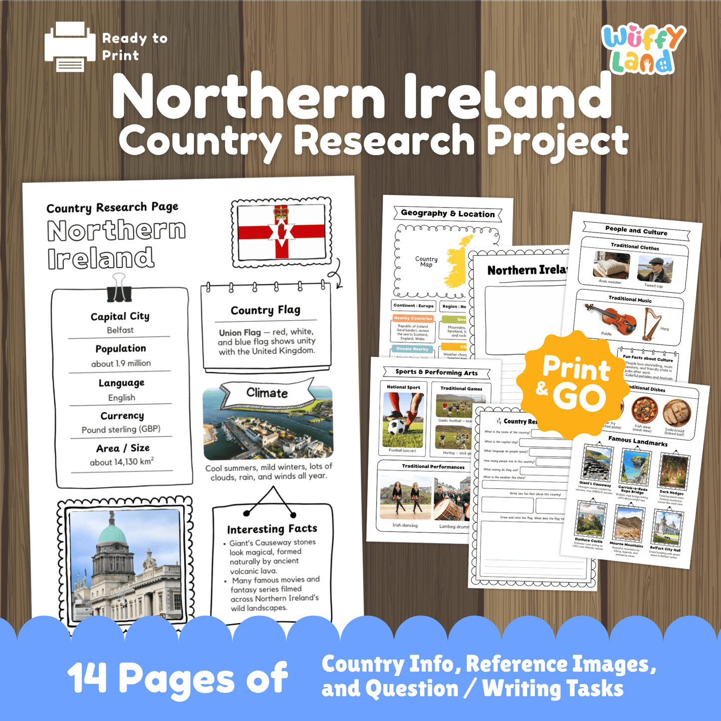A set of printable Northern Ireland country research worksheets featuring information about the capital city Belfast, population, language, currency, flag, climate, geography, culture, sports, traditional music and clothing, famous landmarks, and student research and writing pages.