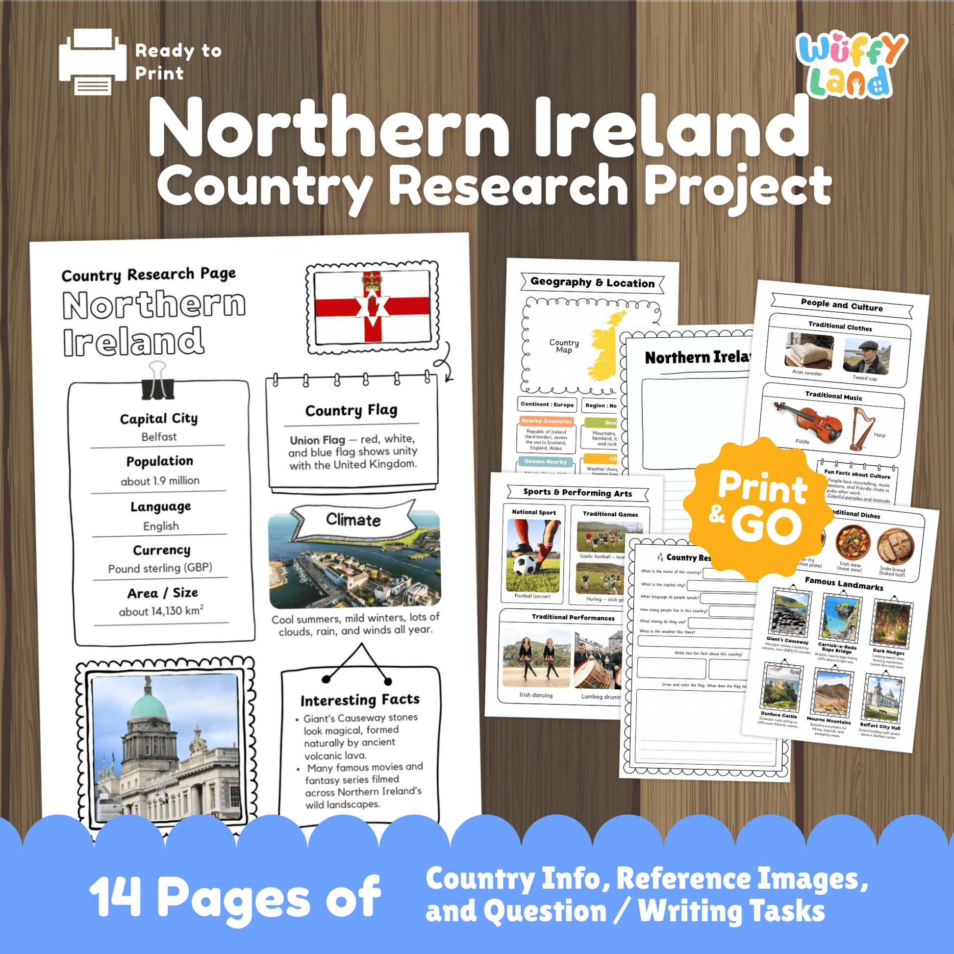 A set of printable Northern Ireland country research worksheets featuring information about the capital city Belfast, population, language, currency, flag, climate, geography, culture, sports, traditional music and clothing, famous landmarks, and student research and writing pages.