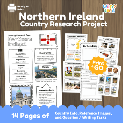 A set of printable Northern Ireland country research worksheets featuring information about the capital city Belfast, population, language, currency, flag, climate, geography, culture, sports, traditional music and clothing, famous landmarks, and student research and writing pages.