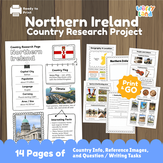 A set of printable Northern Ireland country research worksheets featuring information about the capital city Belfast, population, language, currency, flag, climate, geography, culture, sports, traditional music and clothing, famous landmarks, and student research and writing pages.