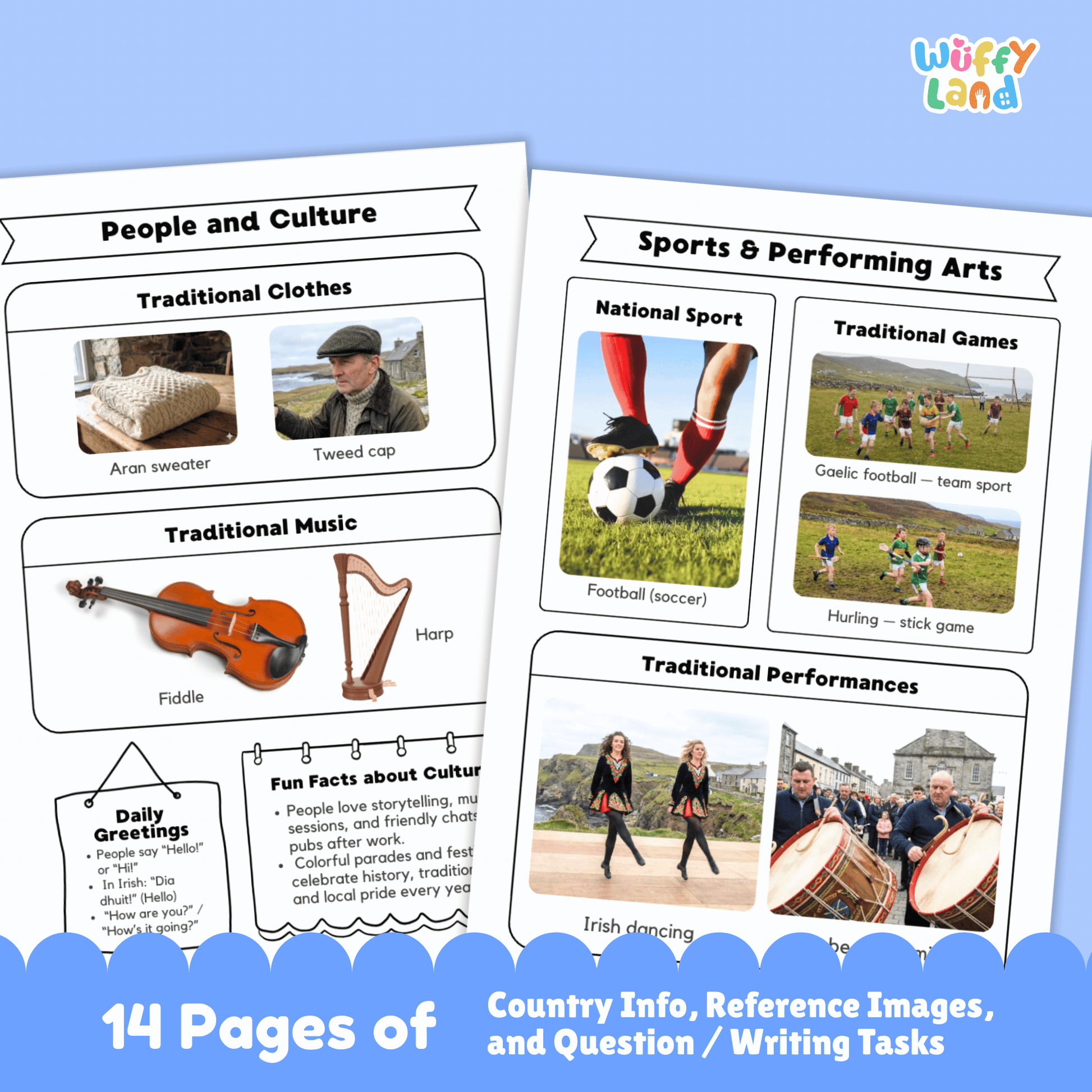 A set of printable Northern Ireland country research worksheets featuring information about the capital city Belfast, population, language, currency, flag, climate, geography, culture, sports, traditional music and clothing, famous landmarks, and student research and writing pages.