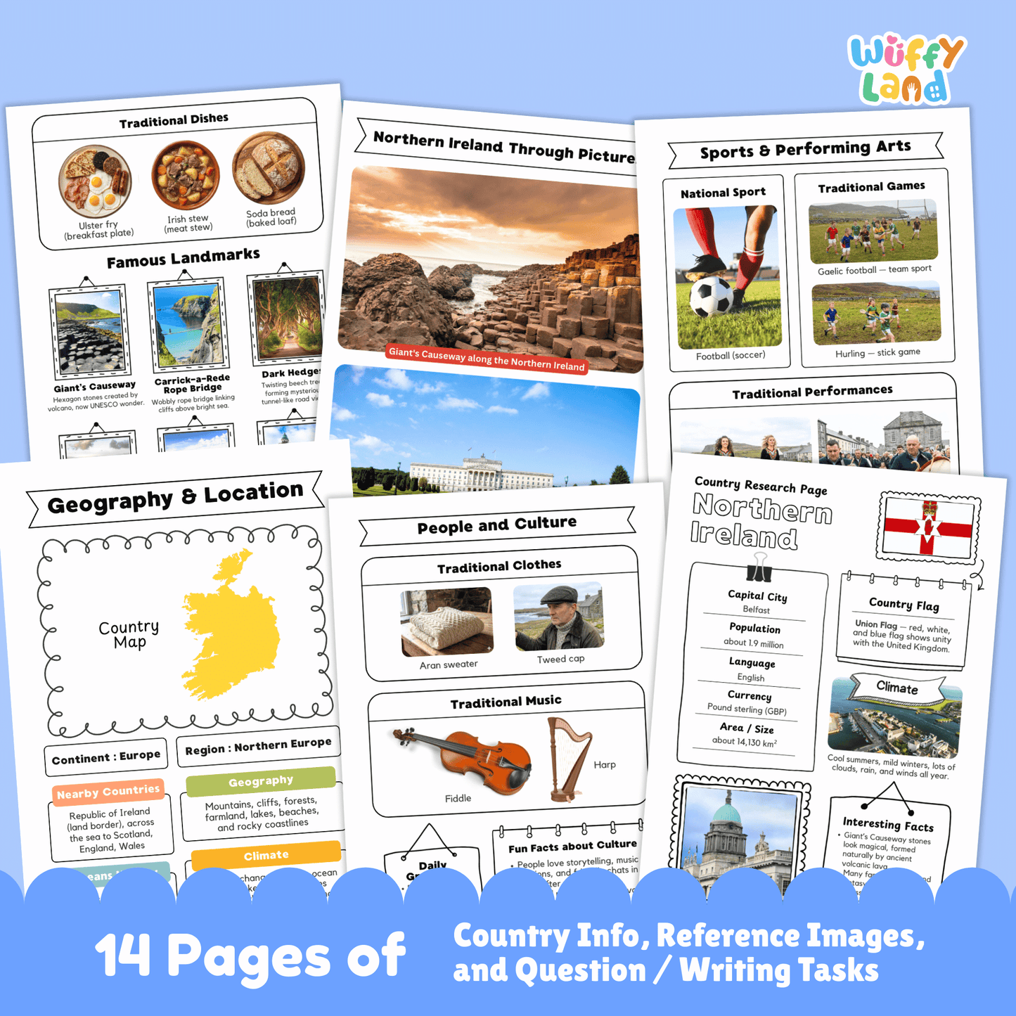 A set of printable Northern Ireland country research worksheets featuring information about the capital city Belfast, population, language, currency, flag, climate, geography, culture, sports, traditional music and clothing, famous landmarks, and student research and writing pages.