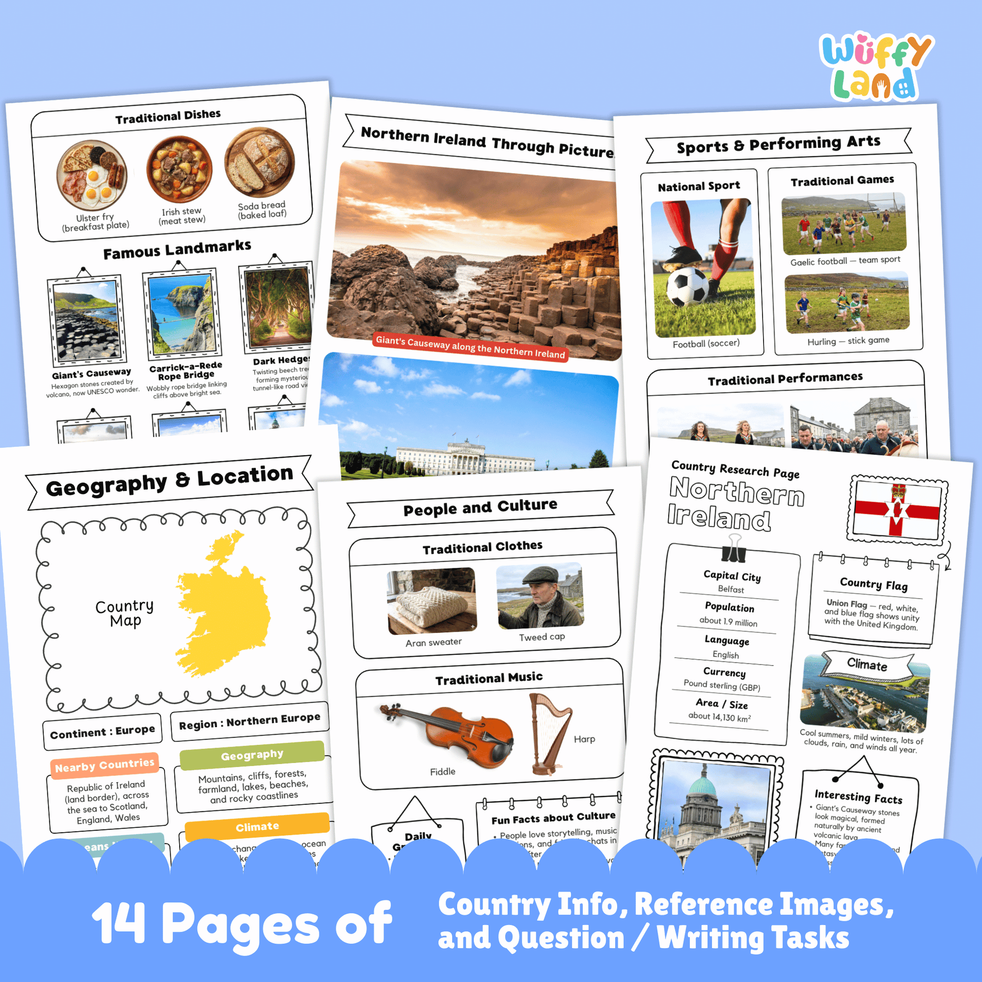 A set of printable Northern Ireland country research worksheets featuring information about the capital city Belfast, population, language, currency, flag, climate, geography, culture, sports, traditional music and clothing, famous landmarks, and student research and writing pages.