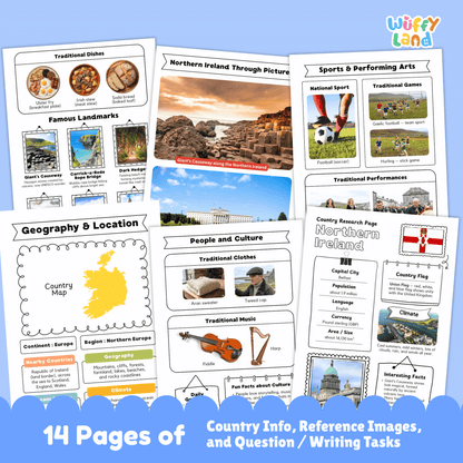 A set of printable Northern Ireland country research worksheets featuring information about the capital city Belfast, population, language, currency, flag, climate, geography, culture, sports, traditional music and clothing, famous landmarks, and student research and writing pages.