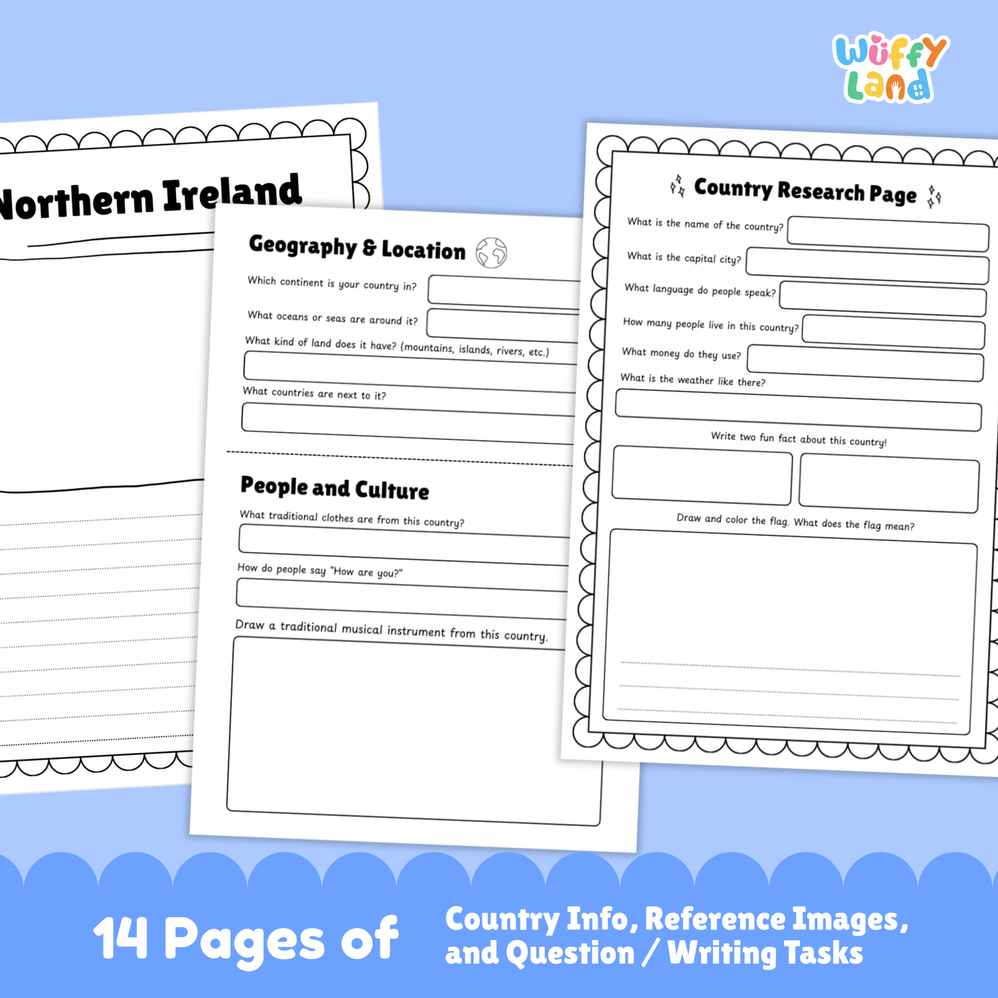 A set of printable Northern Ireland country research worksheets featuring information about the capital city Belfast, population, language, currency, flag, climate, geography, culture, sports, traditional music and clothing, famous landmarks, and student research and writing pages.