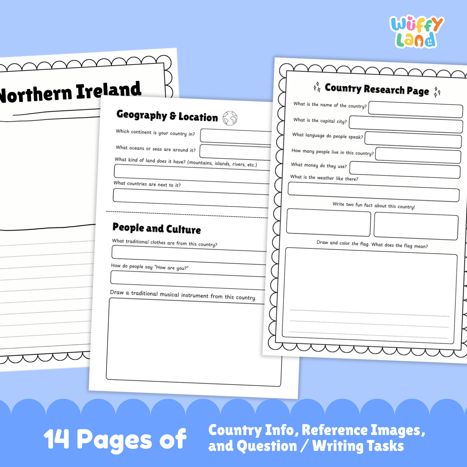 A set of printable Northern Ireland country research worksheets featuring information about the capital city Belfast, population, language, currency, flag, climate, geography, culture, sports, traditional music and clothing, famous landmarks, and student research and writing pages.