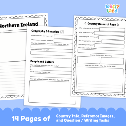 A set of printable Northern Ireland country research worksheets featuring information about the capital city Belfast, population, language, currency, flag, climate, geography, culture, sports, traditional music and clothing, famous landmarks, and student research and writing pages.