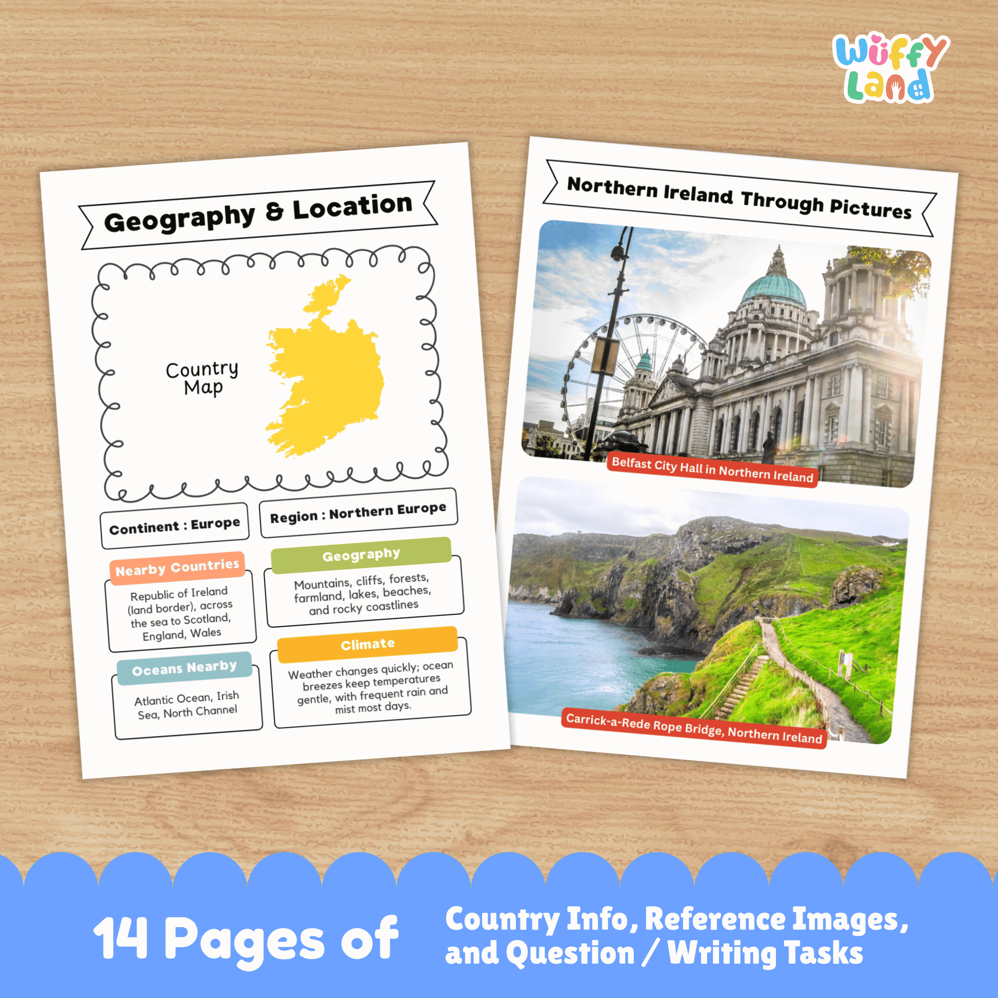 A set of printable Northern Ireland country research worksheets featuring information about the capital city Belfast, population, language, currency, flag, climate, geography, culture, sports, traditional music and clothing, famous landmarks, and student research and writing pages
