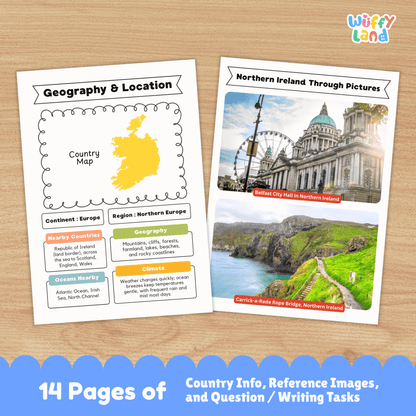 A set of printable Northern Ireland country research worksheets featuring information about the capital city Belfast, population, language, currency, flag, climate, geography, culture, sports, traditional music and clothing, famous landmarks, and student research and writing pages