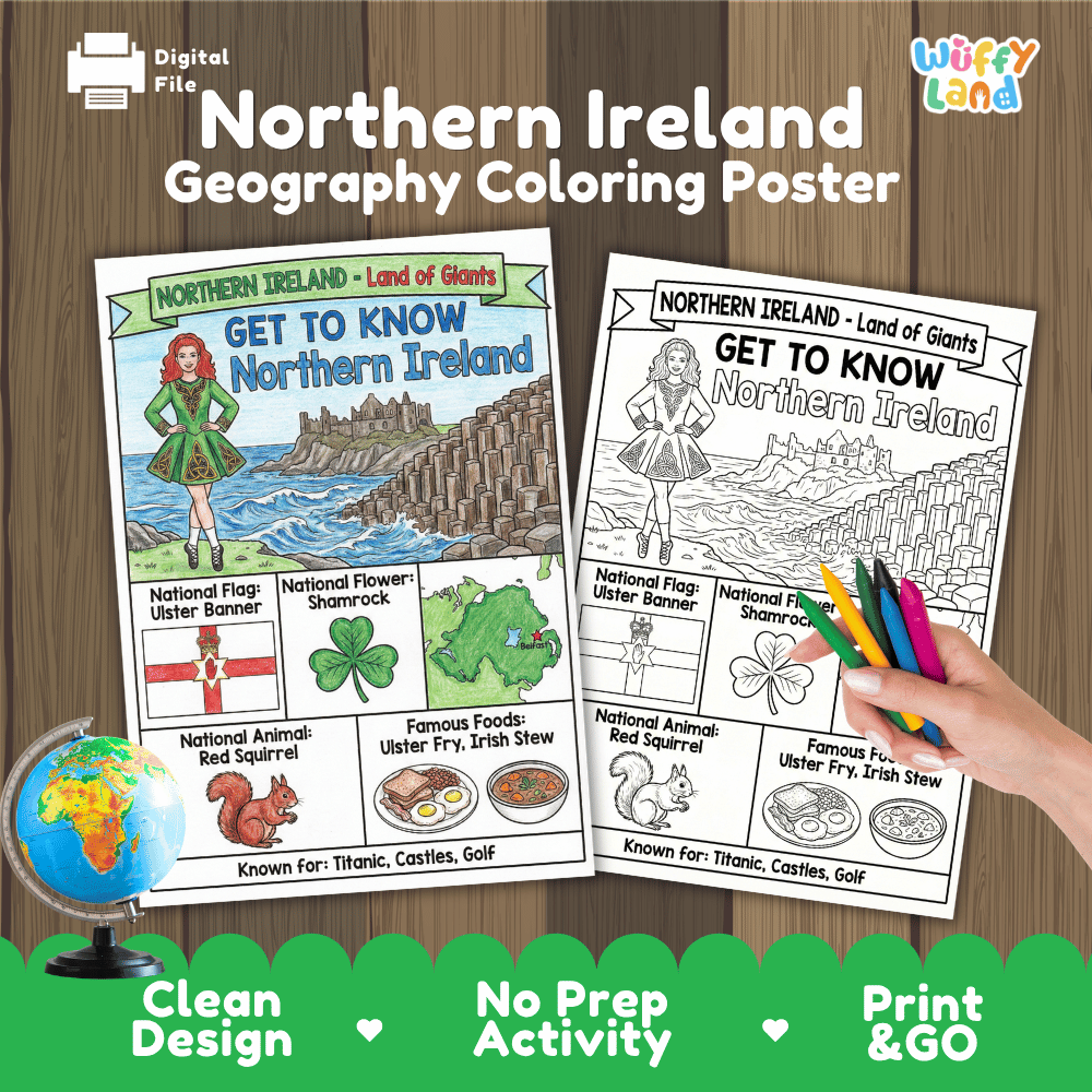 Northern Ireland Geography Coloring Poster | Country Study Research Worksheet Activity