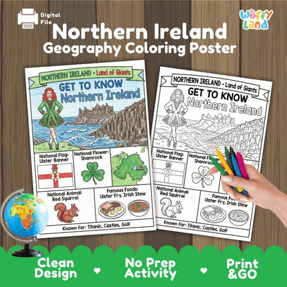 Northern Ireland Geography Coloring Poster | Country Study Research Worksheet Activity