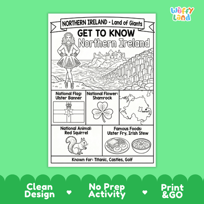 Northern Ireland Geography Coloring Poster | Country Study Research Worksheet Activity