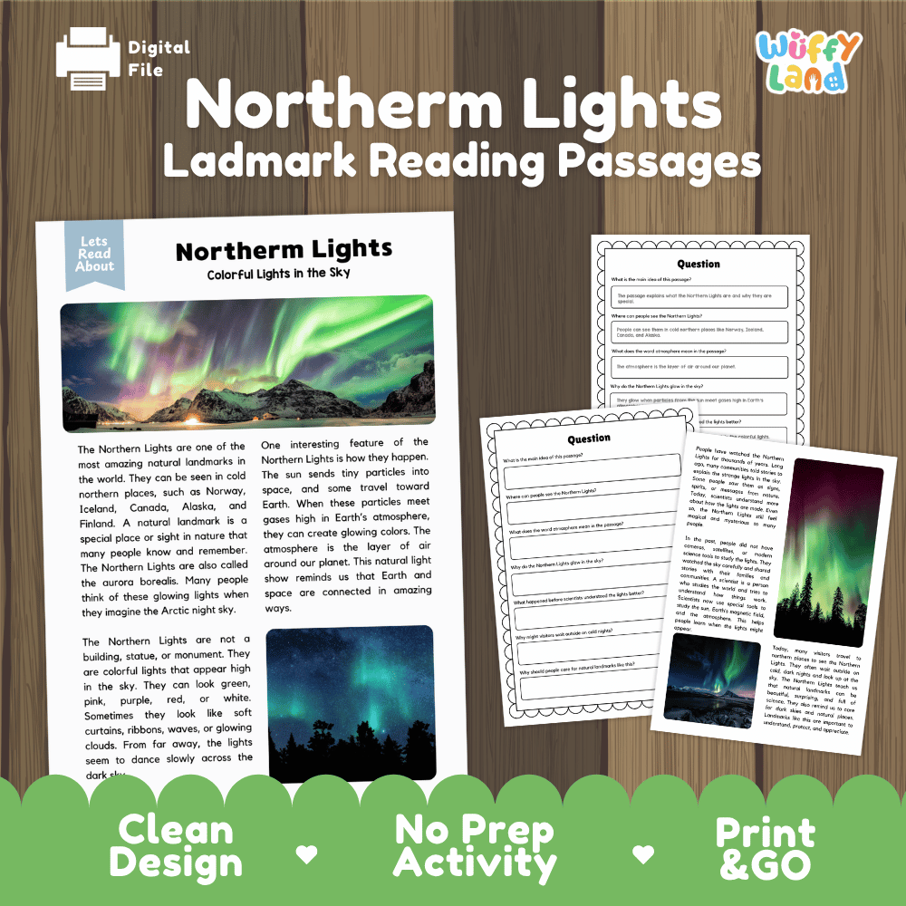 Northern Lights Landmark Reading Passages and Comprehension Worksheets