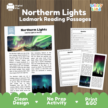 Northern Lights Landmark Reading Passages and Comprehension Worksheets