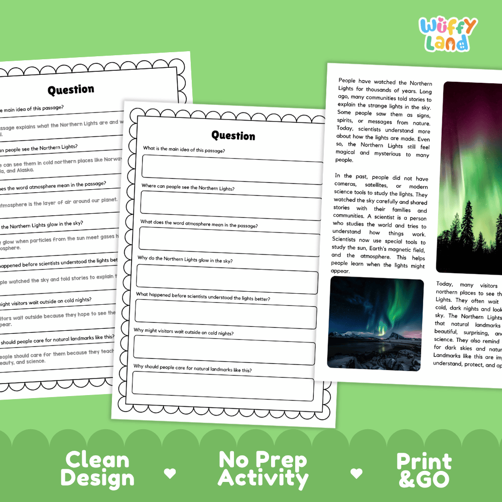 Northern Lights Landmark Reading Passages and Comprehension Worksheets