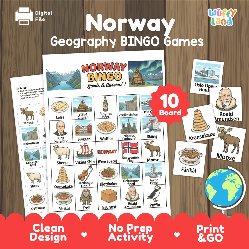 Classroom educational Bingo game cards featuring Oslo Opera House, Kransekake, Roald Amundsen, Fårikål, and Moose 🎲🍰