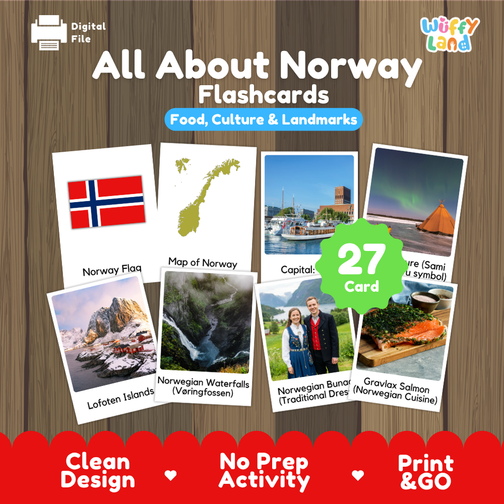 Bergen Floibanen funicular coloring pages paired with photo flashcards of Sami culture lavvu, Lofoten Islands, Voringfossen waterfalls, and Gravlax