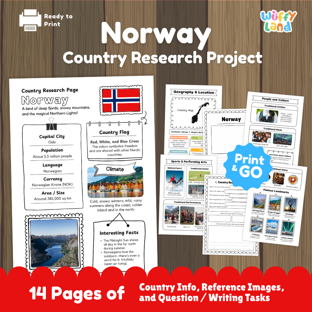 Student country research worksheet on Norway featuring Scandinavian cross flag, Oslo capital facts, climate, and geography map