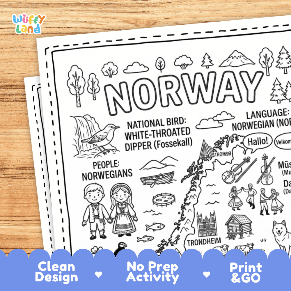 Cultural coloring page featuring traditional Norwegian Bunad attire, fiddle music, folk dance, and Norwegian greeting speech bubbles