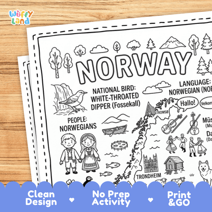 Cultural coloring page featuring traditional Norwegian Bunad attire, fiddle music, folk dance, and Norwegian greeting speech bubbles