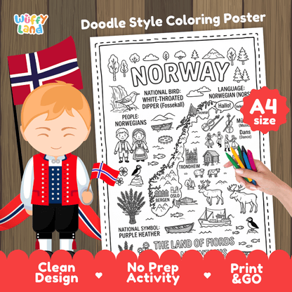 Printable A4 doodle coloring poster highlighting Norway map, White-Throated Dipper, Viking ship, and Stave Church 🎨🐦
