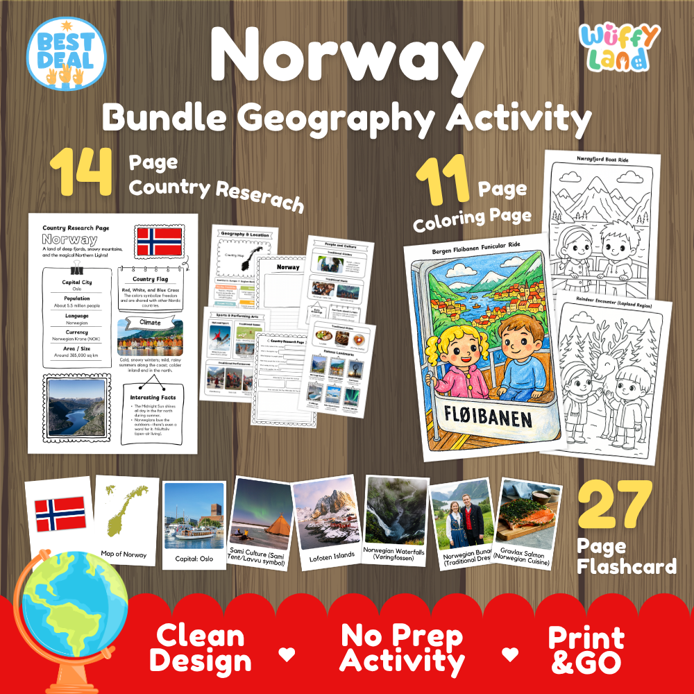 Norway geography activity bundle cover showing 14 country research pages, 11 coloring pages, and 27 photo flashcards