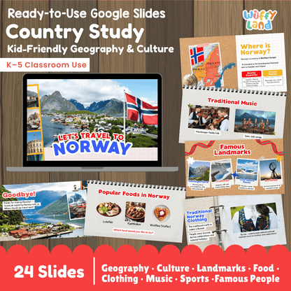 Interactive Google Slides deck displaying famous Norwegian landmarks like Geirangerfjord, Preikestolen, and traditional foods 💻🏔️