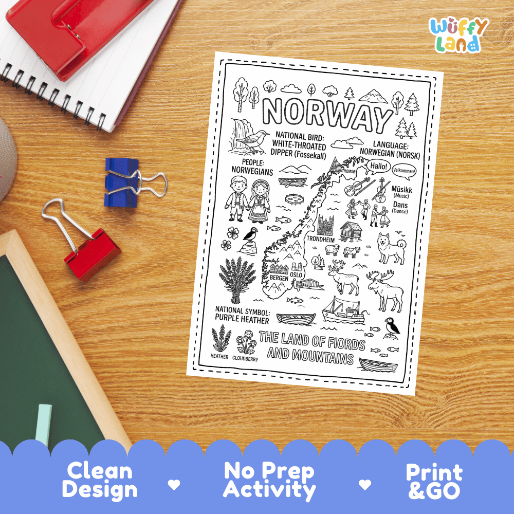 Doodle map coloring sheet showing Norway's capital Oslo, Bergen, Trondheim, Tromso, and coastal fjords