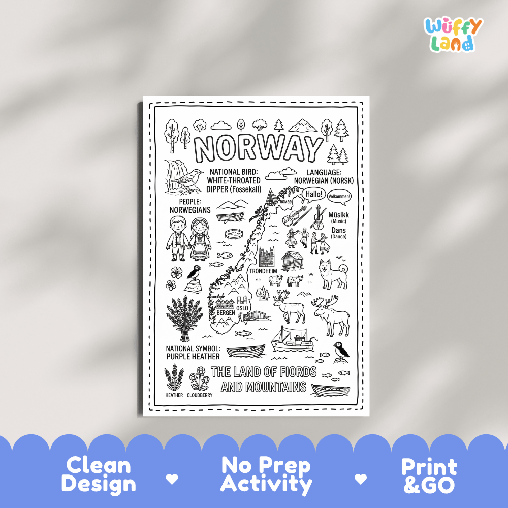 Educational activity coloring page highlighting Norway's national bird the White-Throated Dipper, Purple Heather, moose, and reindeer