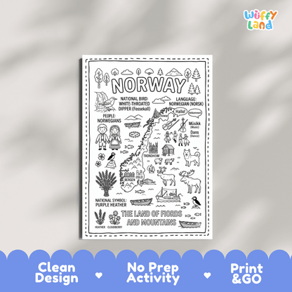 Educational activity coloring page highlighting Norway's national bird the White-Throated Dipper, Purple Heather, moose, and reindeer