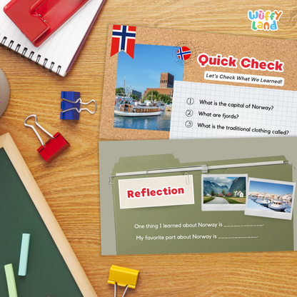 A children's educational activity booklet titled 'Wiffy Land' shown on a wooden desk with school supplies. The booklet has two pages: one titled 'Quick Check' with a Norwegian flag, a photo of a harbor town, and a checklist; the other is titled 'Reflection' with writing prompts.
