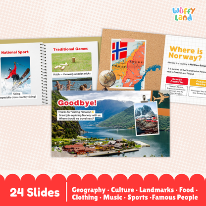 A product presentation of a 'Wuffiy Land' educational Norway travel slide set, showing several sample slides from a spiral-bound book and a cork board display against a pink-and-white checkered background. The slides feature colorful maps, photos of Norwegian landscapes, and text about national sports and culture.