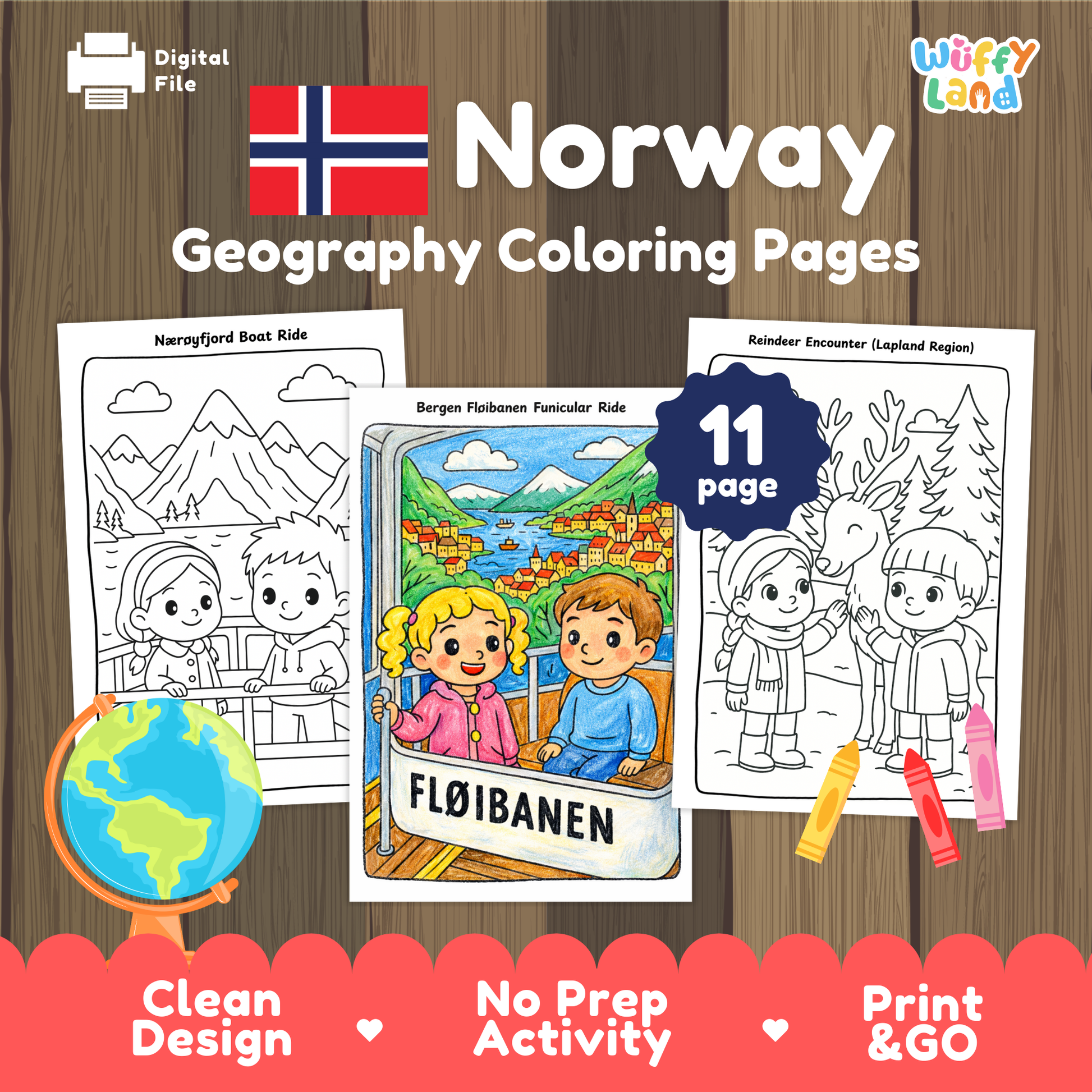 Printable Norway geography coloring pages featuring kid-friendly illustrations of Norwegian landmarks and culture, including a fjord boat ride, the Bergen Fløibanen funicular, and a reindeer encounter, designed to support geography learning and country studies for elementary students.