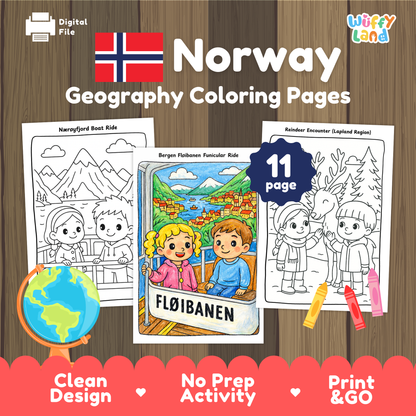 Printable Norway geography coloring pages featuring kid-friendly illustrations of Norwegian landmarks and culture, including a fjord boat ride, the Bergen Fløibanen funicular, and a reindeer encounter, designed to support geography learning and country studies for elementary students.