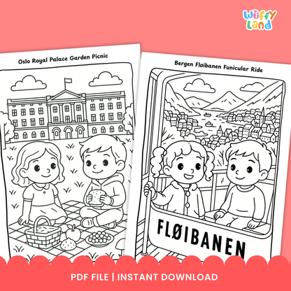 Printable Norway geography coloring pages featuring kid-friendly illustrations of Norwegian landmarks and culture, including a fjord boat ride, the Bergen Fløibanen funicular, and a reindeer encounter, designed to support geography learning and country studies for elementary students.