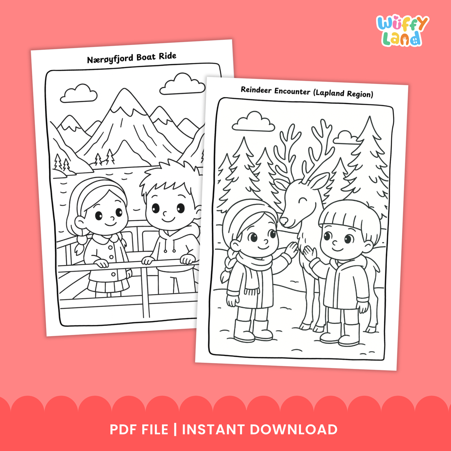 Printable Norway geography coloring pages featuring kid-friendly illustrations of Norwegian landmarks and culture, including a fjord boat ride, the Bergen Fløibanen funicular, and a reindeer encounter, designed to support geography learning and country studies for elementary students.