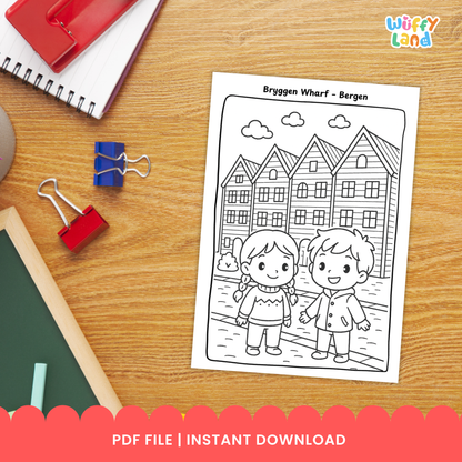 Printable Norway geography coloring pages featuring kid-friendly illustrations of Norwegian landmarks and culture, including a fjord boat ride, the Bergen Fløibanen funicular, and a reindeer encounter, designed to support geography learning and country studies for elementary students.