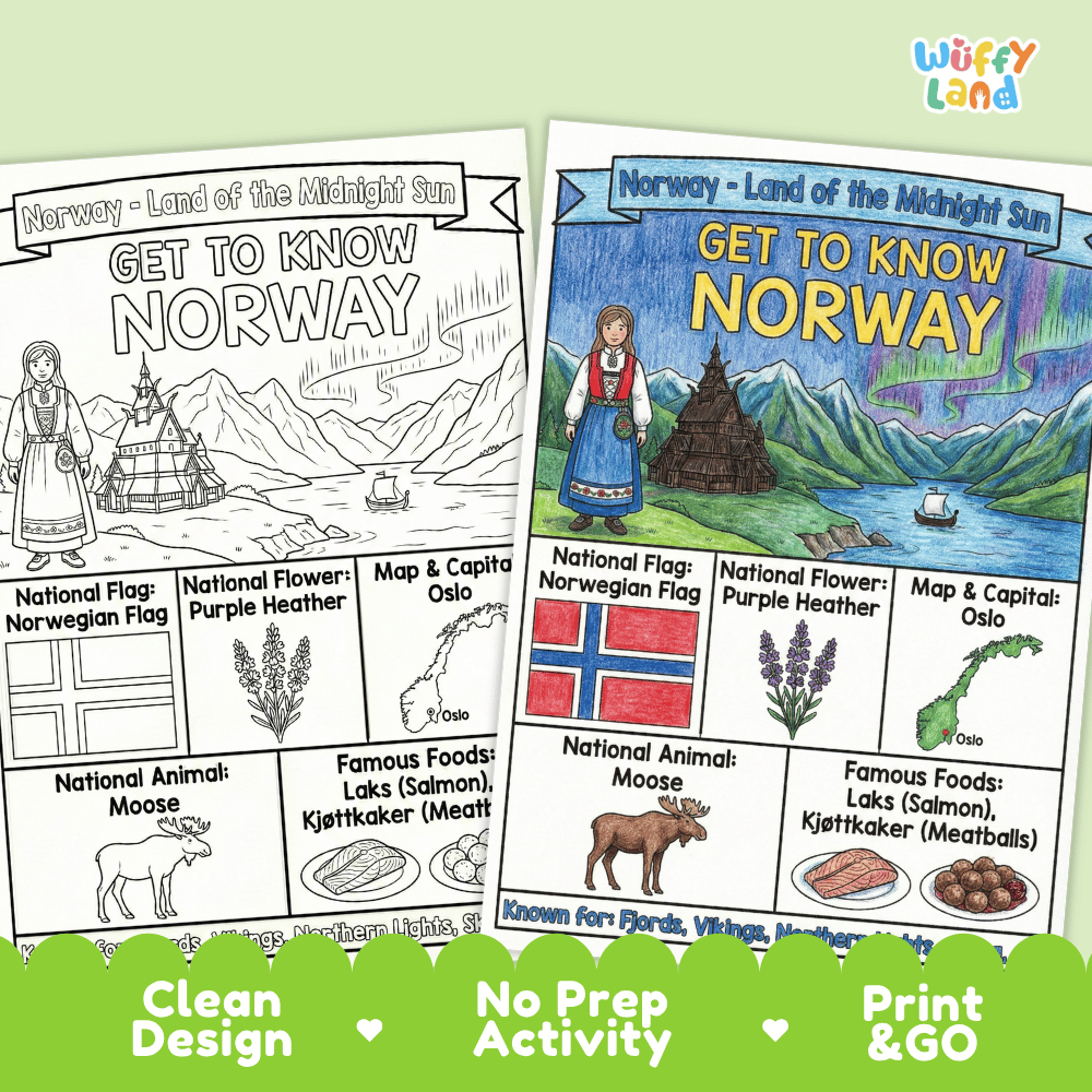 Norway Geography Coloring Poster and Fact Sheet Printables