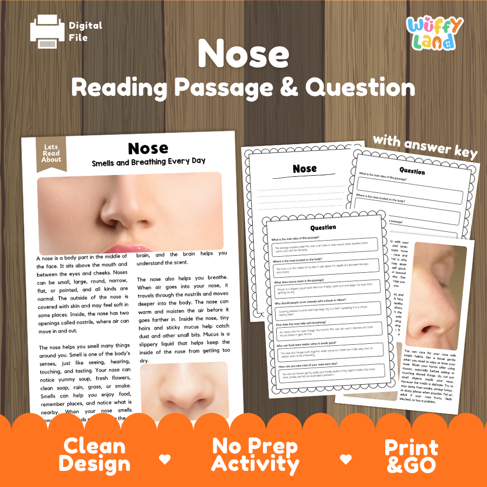 Nose reading comprehension passage and questions printable activity pack with answer key for elementary students