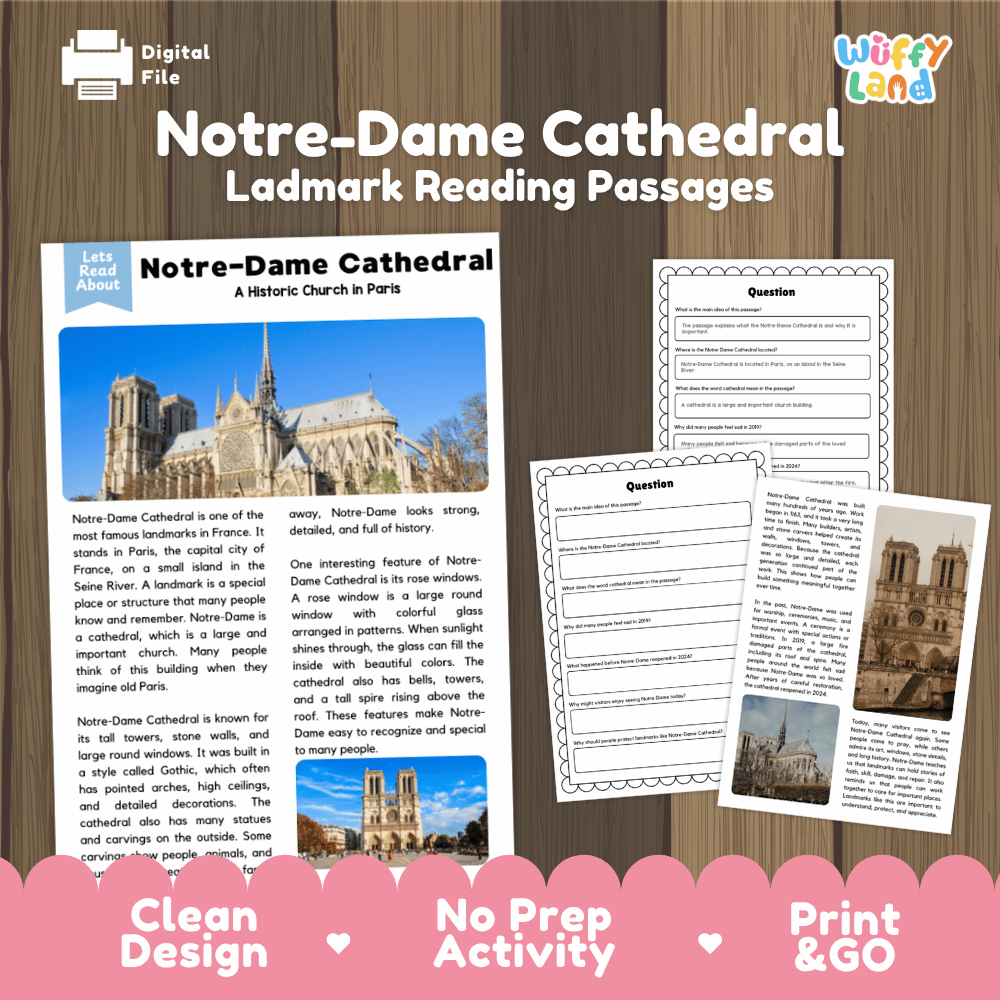 Notre-Dame Cathedral Landmark Reading Passages and Comprehension Worksheets