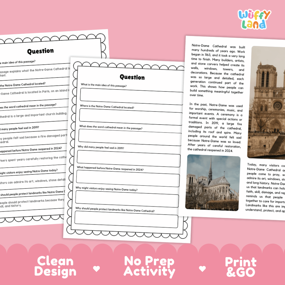 Notre-Dame Cathedral Landmark Reading Passages and Comprehension Worksheets