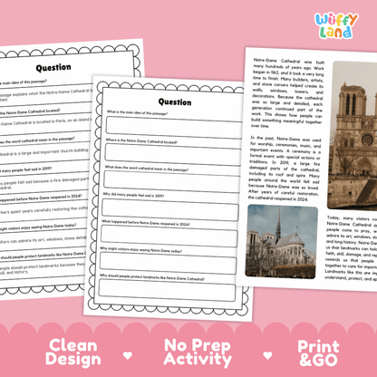 Notre-Dame Cathedral Landmark Reading Passages and Comprehension Worksheets