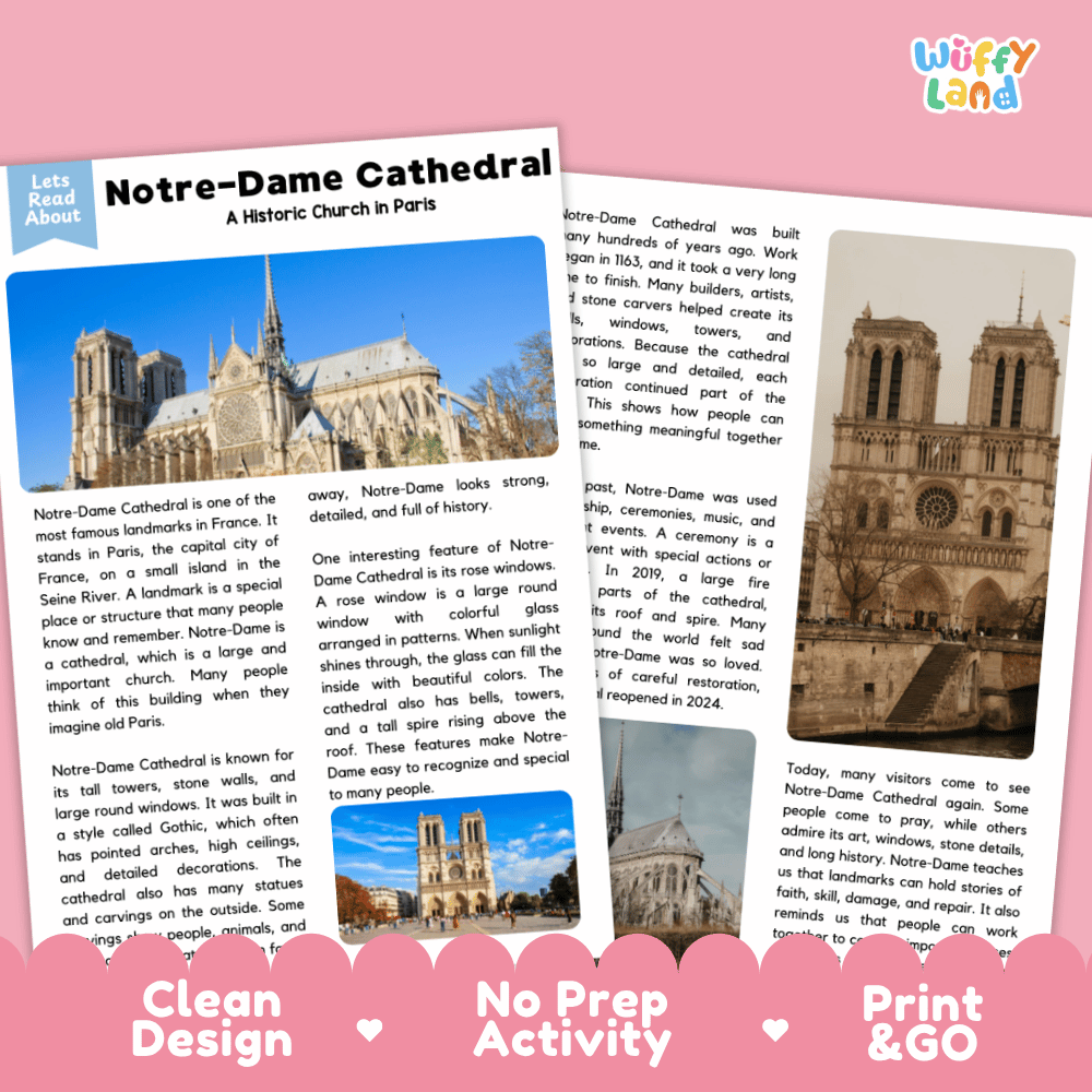 Notre-Dame Cathedral Landmark Reading Passages and Comprehension Worksheets