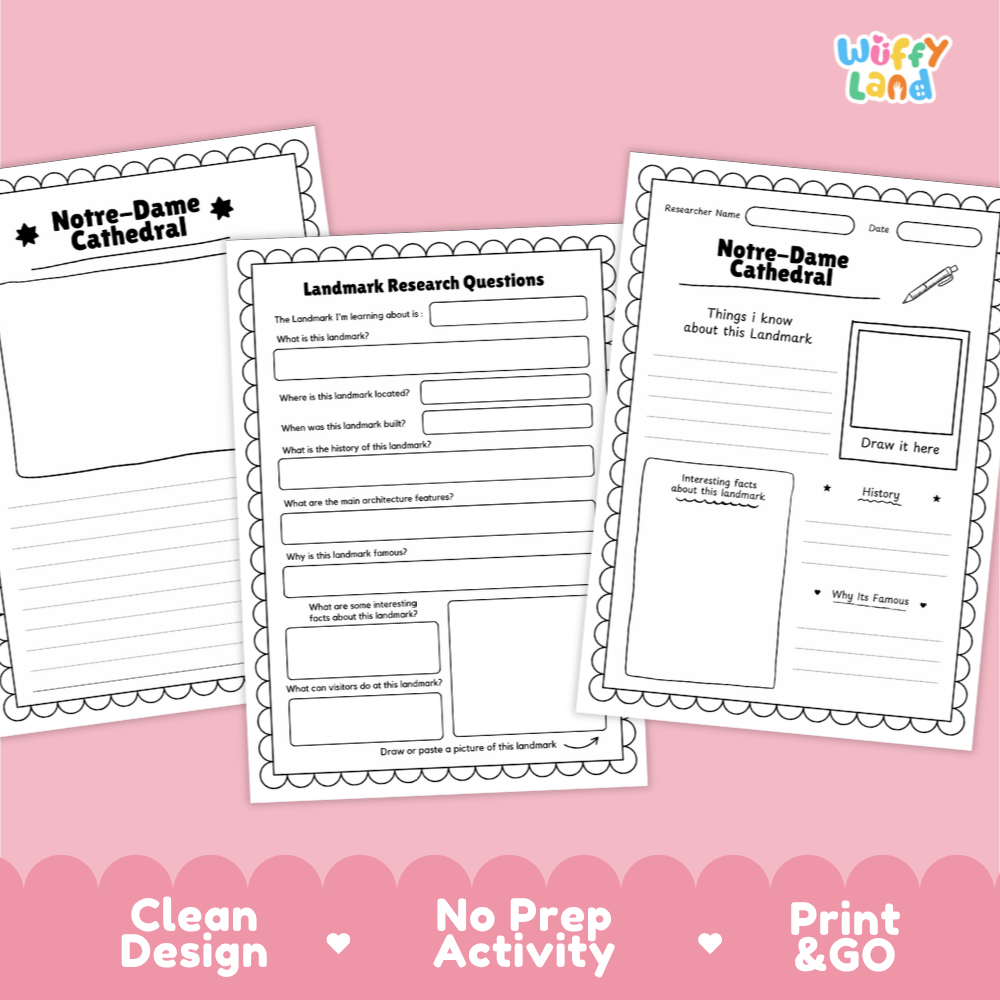 Three printable activity sheets for Notre-Dame Cathedral research displayed on a pink background with decorative scalloped borders and marketing text reading 'Clean Design', 'No Prep Activity', and 'Print & GO'. The sheets are white with black text and lined writing areas.