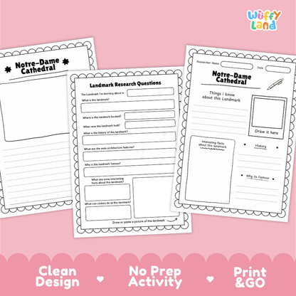 Three printable activity sheets for Notre-Dame Cathedral research displayed on a pink background with decorative scalloped borders and marketing text reading 'Clean Design', 'No Prep Activity', and 'Print & GO'. The sheets are white with black text and lined writing areas.