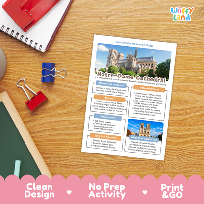 A printed educational research page about Notre-Dame Cathedral is displayed on a wooden desk with school supplies around it. The page has a clean layout with a cathedral photo at the top, text sections, and small inset images.