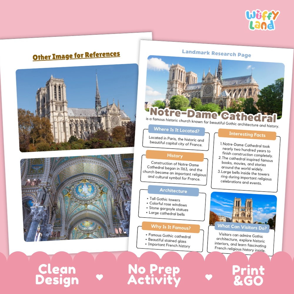 Two printed educational poster pages about Notre Dame Cathedral are shown on a pink background. The left page has a large cathedral photo and the title 'Other Image for References'; the right page is a 'Landmark Research Page' with text sections about Notre Dame Cathedral.