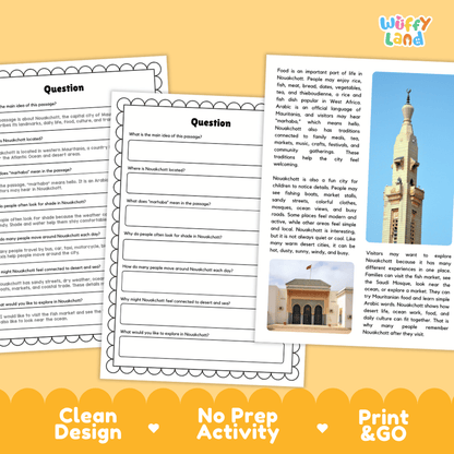 Student reading passage titled A City Near the Desert and Sea detailing Nouakchott Mauritania fish market Saudi Mosque and city photography